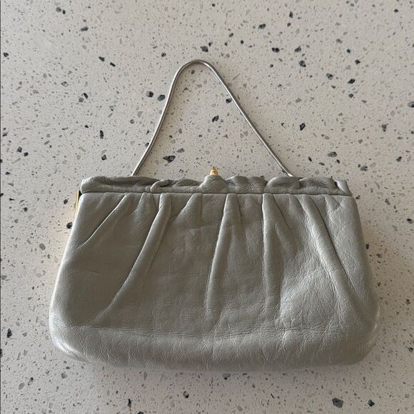 VINTAGE ETRA Elegant Gray Genuine Leather Handbag Clutch Gold/Silver Hardware - Picture 13 of 13